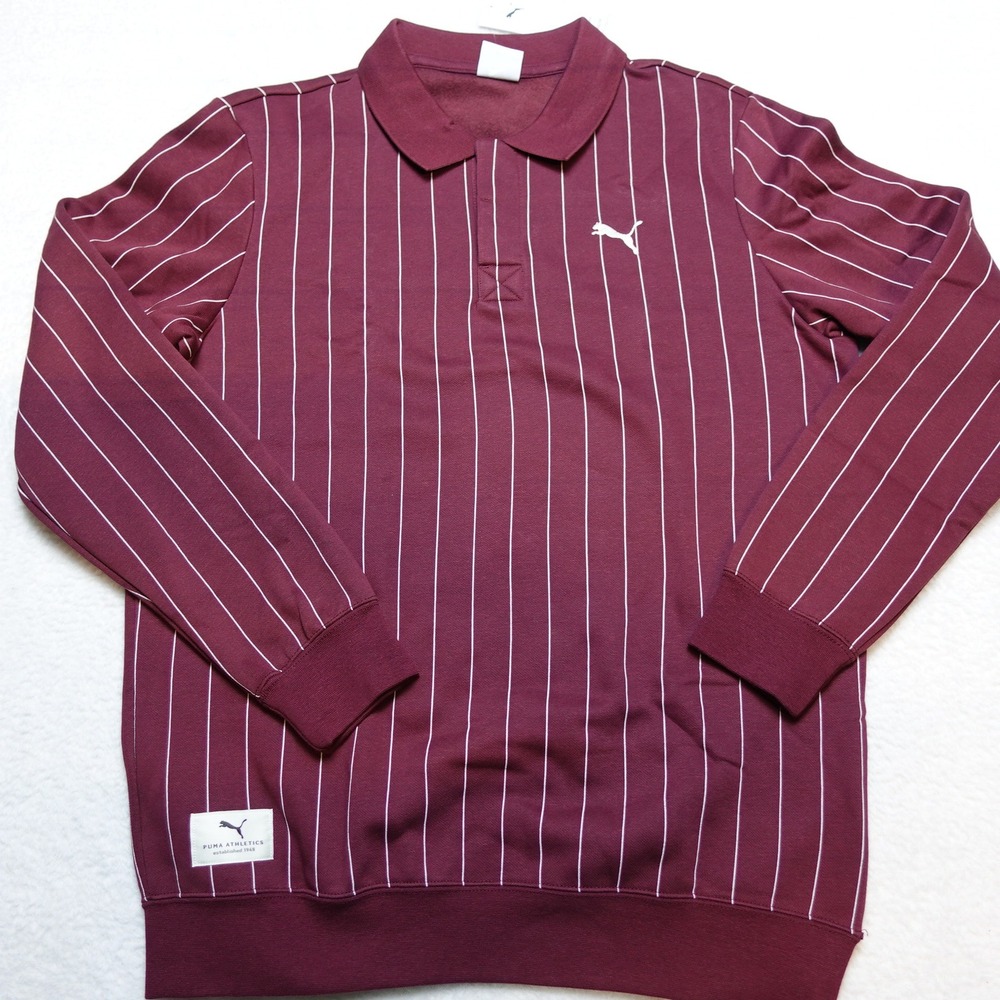 Puma Class Polo FL Mens Size M Ruby Shimmer Pinstripe Long Sleeve Sweatshirt
